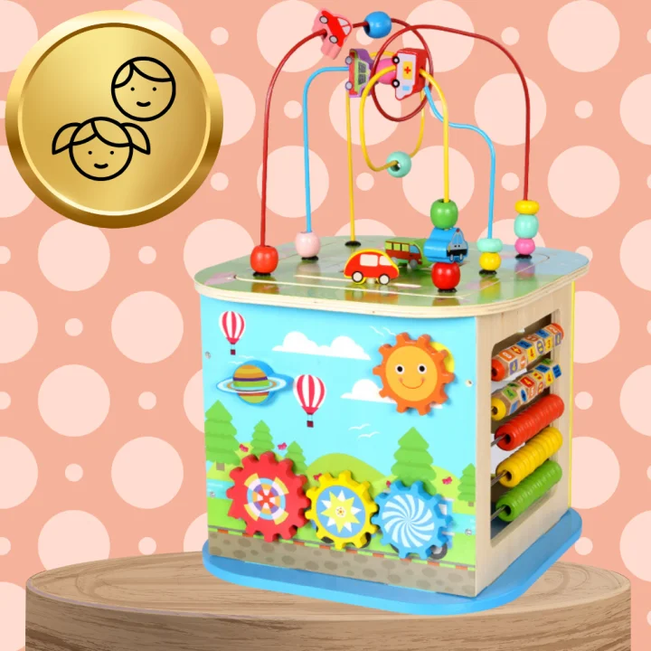 DREWNIANA KOSTKA EDUKACYJNA KOLOROWA Z LABIRYNTEM SORTER LICZYDŁO