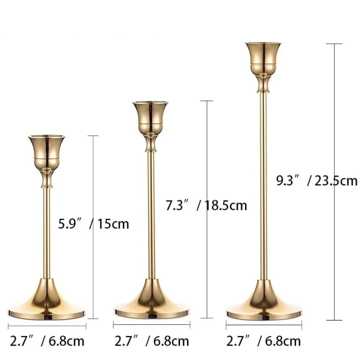 Świecznik metalowy złoty Romadedi 10x3 sztuki (30 sztuk) 15/18.5/23.5 cm