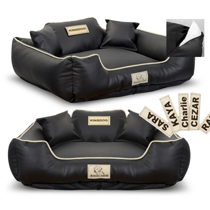 Legowisko dla psa kojec KINGDOG EKOSKÓRA 75x65 cm personalizowane rozbieralne antyslip czarne