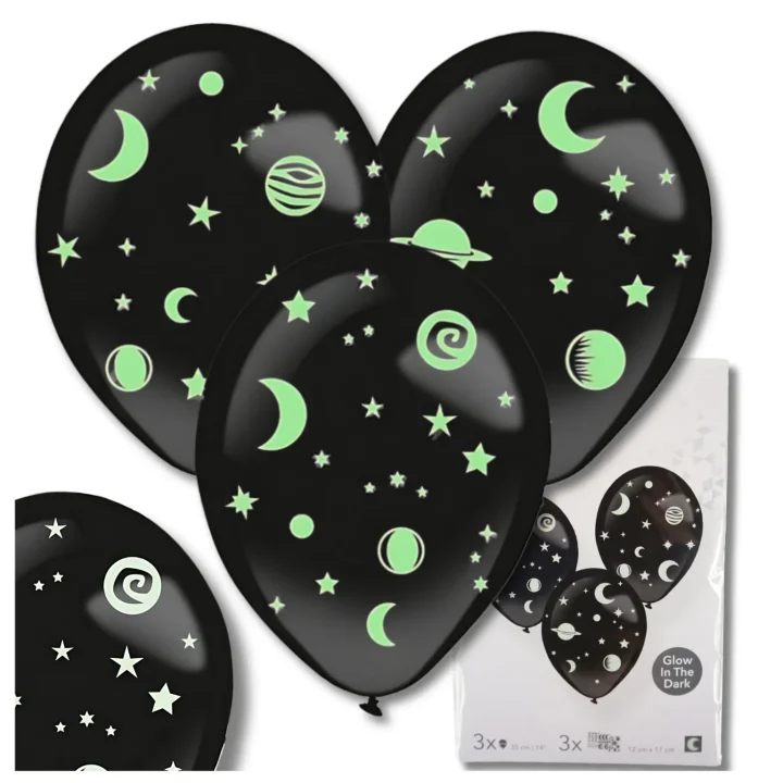 BALONY DMUCHANE LATEKSOWE CZARNE 3 SZT + NAKLEJKI GWIAZDKI FLUO NA URODZINY