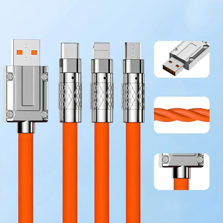 Kabel szybkiego ładowania USB 3w1 typu C 120w 6A 150cm pomaranczowy