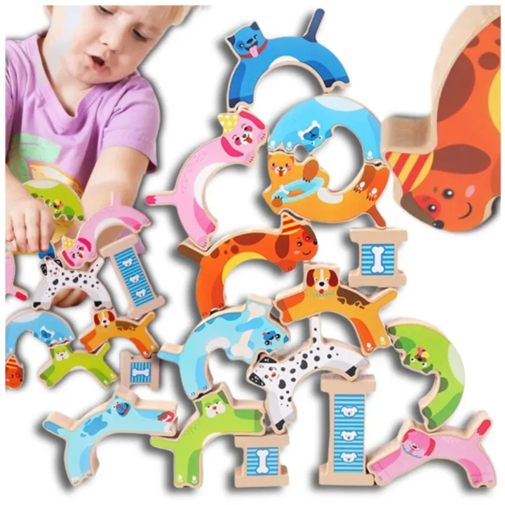 BALANSUJĄCE PSY DREWNIANE GRA ZRĘCZNOŚCIOWA WIEŻA PUZZLE JHTOY-637