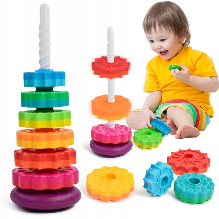 ZAKRĘCONA PIRAMIDA TĘCZOWA WIEŻA ZABAWKA MONTESSORI KOLOROWA SPIRALA 41CM