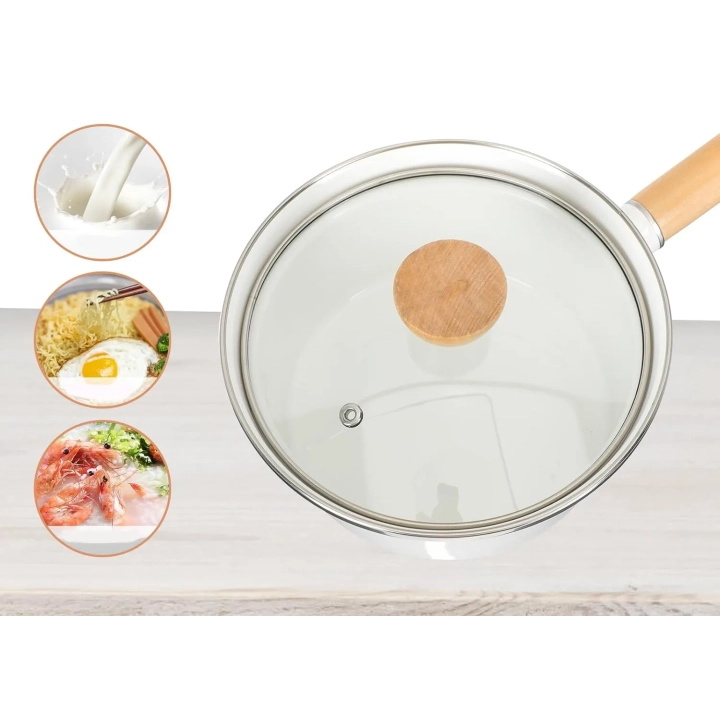 Rondel emaliowany Vaguelly 16 cm z miarką powłoką nieprzywierającą i drewnianym uchwytem