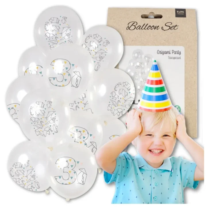 DUŻE BALONY TRANSPARENTNE BIAŁE 12 SZT 3 LATA ORIGAMI TRZECIE URODZINY