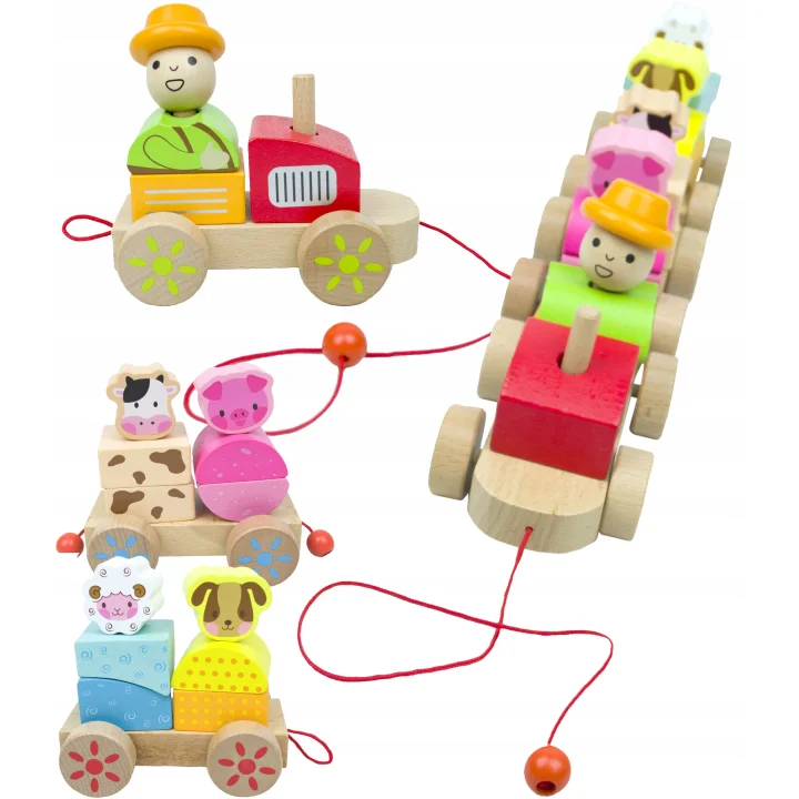 DREWNIANY POCIĄG Z KLOCKAMI WIEJSKA SCENERIA TRAKTOR FARMER ZWIERZĘTA