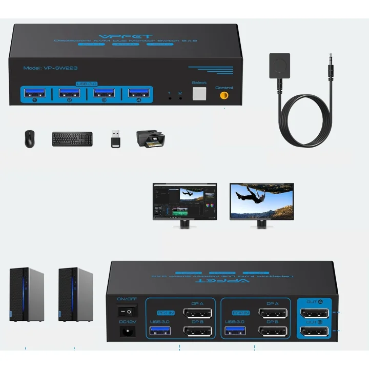 Przełącznik KVM DisplayPort 2xPC na 2 monitory 4K120Hz 8K60Hz USB3.0