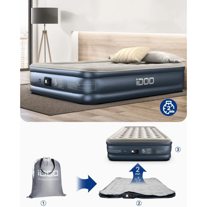 Łóżko dmuchane iDOO King size I-C-020, 203x152x38 cm, z pompką, Po naprawie