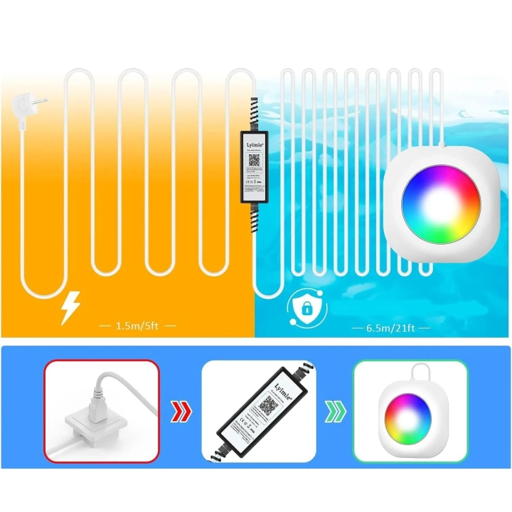 Oświetlenie basenowe LED bezprzewodowe LyLmLe 20 W 12 V IP68 kabel 8 m R-PL28-CB20W