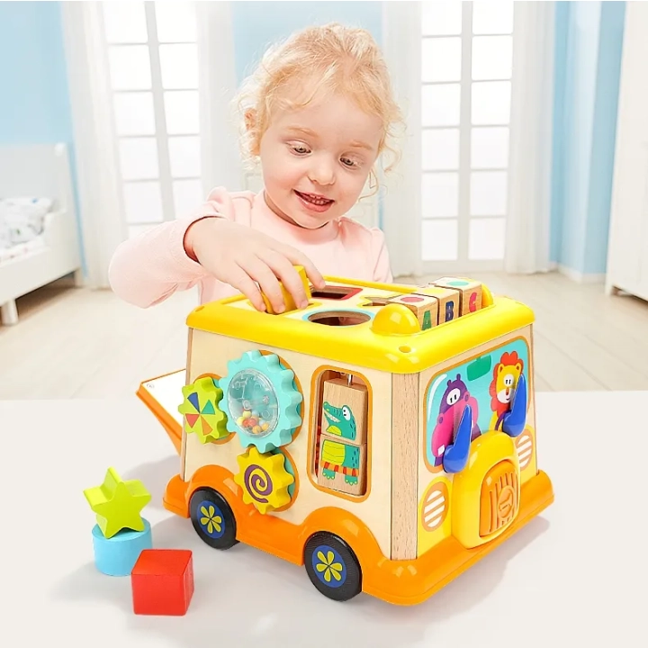 Drewniana Kostka Edukacyjna Sorter Klocki CYFRY autobus