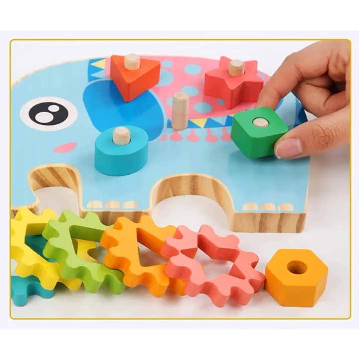 KLOCKI DREWNIANE SORTER EDUKACYJNY MONTESSORI SŁOŃ ZĘBATKI