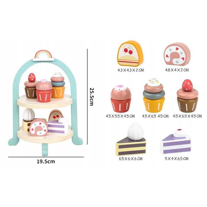 DREWNIANY ZESTAW MAŁEGO CUKIERNIKA PATERA NA CIASTA STOJAK NA MUFFINKI