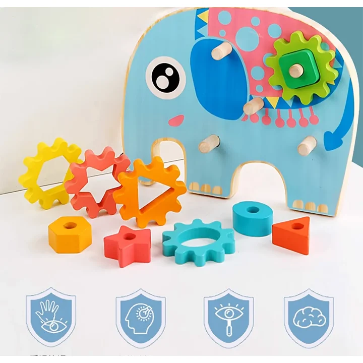 KLOCKI DREWNIANE SORTER EDUKACYJNY MONTESSORI SŁOŃ ZĘBATKI