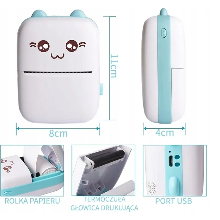 MINI DRUKARKA KOTEK DO ZDJĘĆ TERMICZNA KIESZONKOWA BEZPRZEWODOWA USB ROLKA